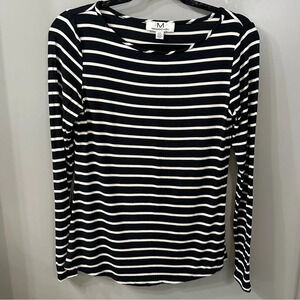 Magaschoni Black and White Striped Long Sleeve Short Modal Top Size Small